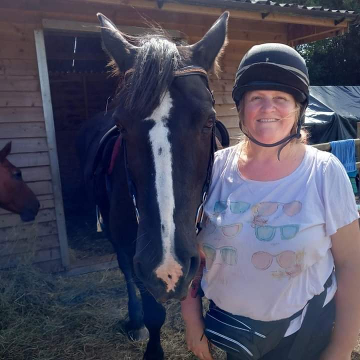 A Large tacked up horse standing by her rider, by a field shelter.  